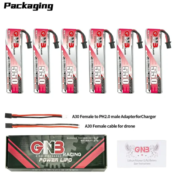 6PCS GAONENG 550mAh 1S 3.8V 100C HV 4.35V Lipo Battery With A30 Connector For RC FPV Drone DIY Plug VS BETAFPV BT2.0 450mAh 1S 1