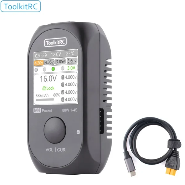 ToolkitRC M4 Pocket DC 80W 5A XT30 XT60 Input USB-C Input/Output Charger for 1-4S LiPo Battery Quick Charger Function 1