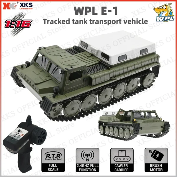 XKS WPL E-1 RC Tank 1/16 2.4G Remote Control 4WD Crawler Tracked Off-Road Climbing Vehicle Electric E1 RC Tank Toys Gift for Boy 1