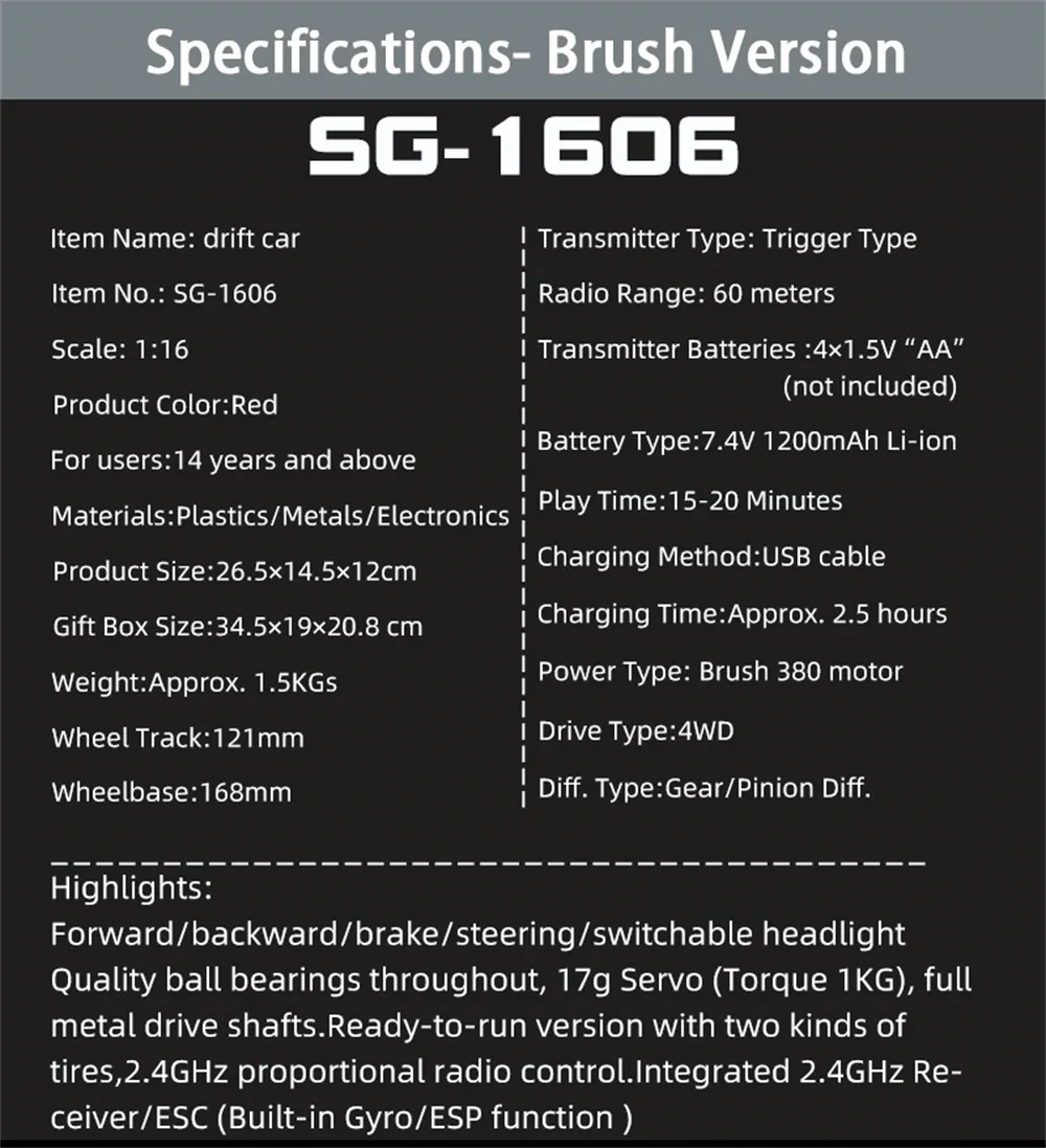 SG PINECONE FOREST 1605/1606 PRO Two Battery RC Car Brushless/Brushed Drift RTR 1/16 2.4G 4WD 50km/h LED Light High Speed Vehicles Models
