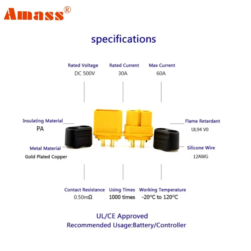 10PCS AMASS XT60H + XT60 Connectors 60A Current Rating Gold-Plated Contacts Anti-Spark Design for LiPo Batteries RC Drones/FPV - Image 6