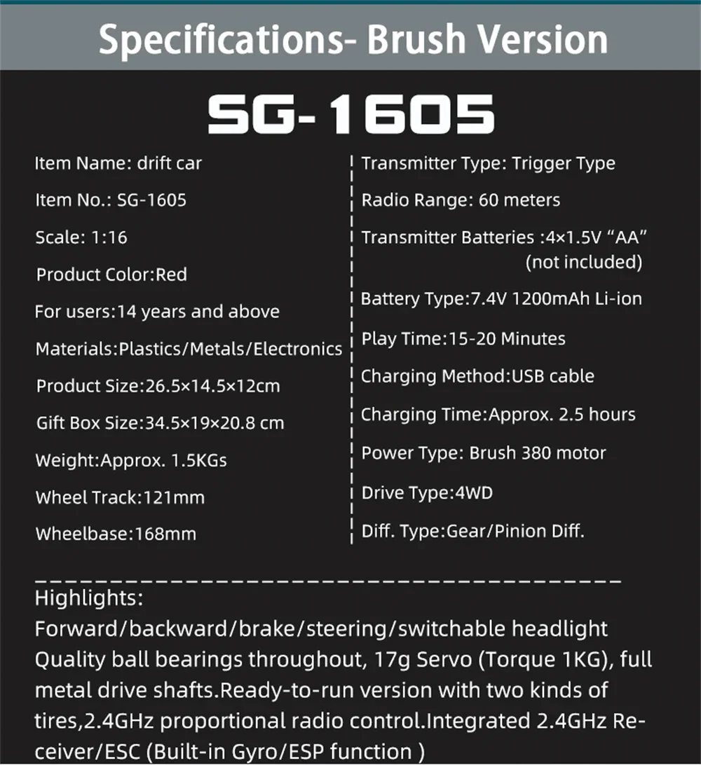 SG PINECONE FOREST 1605/1606 PRO Two Battery RC Car Brushless/Brushed Drift RTR 1/16 2.4G 4WD 50km/h LED Light High Speed Vehicles Models