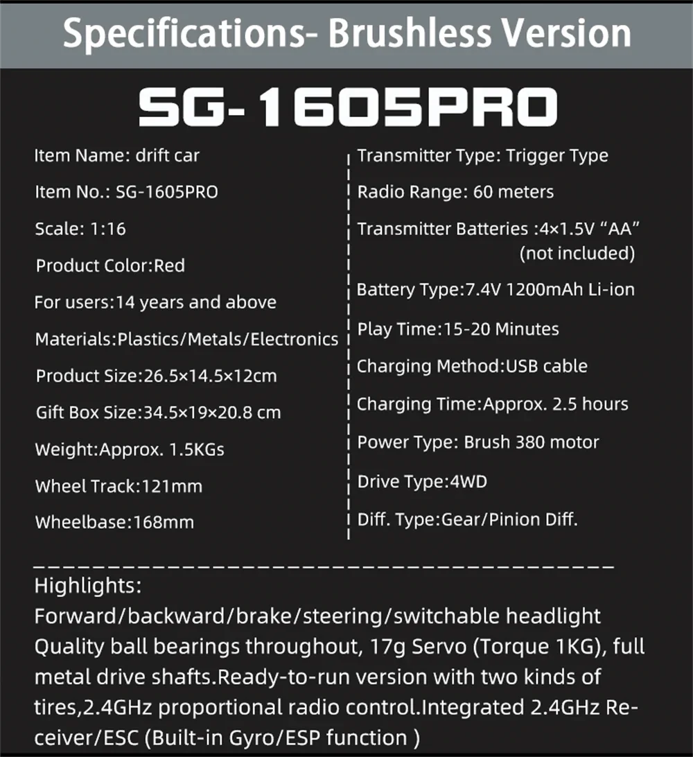 SG PINECONE FOREST 1605/1606 PRO Two Battery RC Car Brushless/Brushed Drift RTR 1/16 2.4G 4WD 50km/h LED Light High Speed Vehicles Models