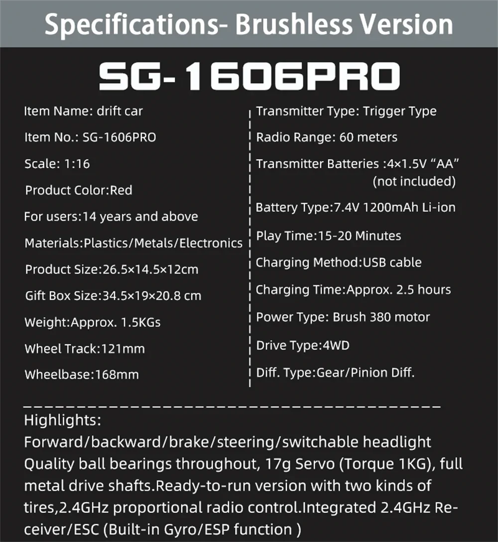 SG PINECONE FOREST 1605/1606 PRO Two Battery RC Car Brushless/Brushed Drift RTR 1/16 2.4G 4WD 50km/h LED Light High Speed Vehicles Models