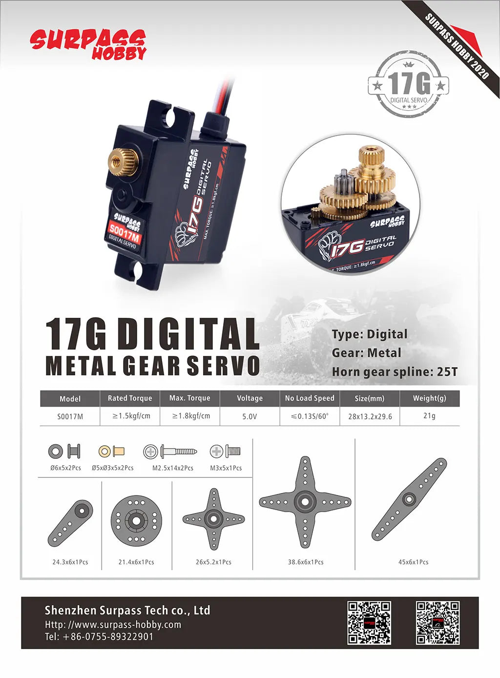 SURPASS HOBBY 17G Plastic / Metal Gear Mini Digital Servo for 1/18 1/16 1/14 RC Car Truck Airplane Robot D90 MN WPL SCY MJX JJRC - Image 7