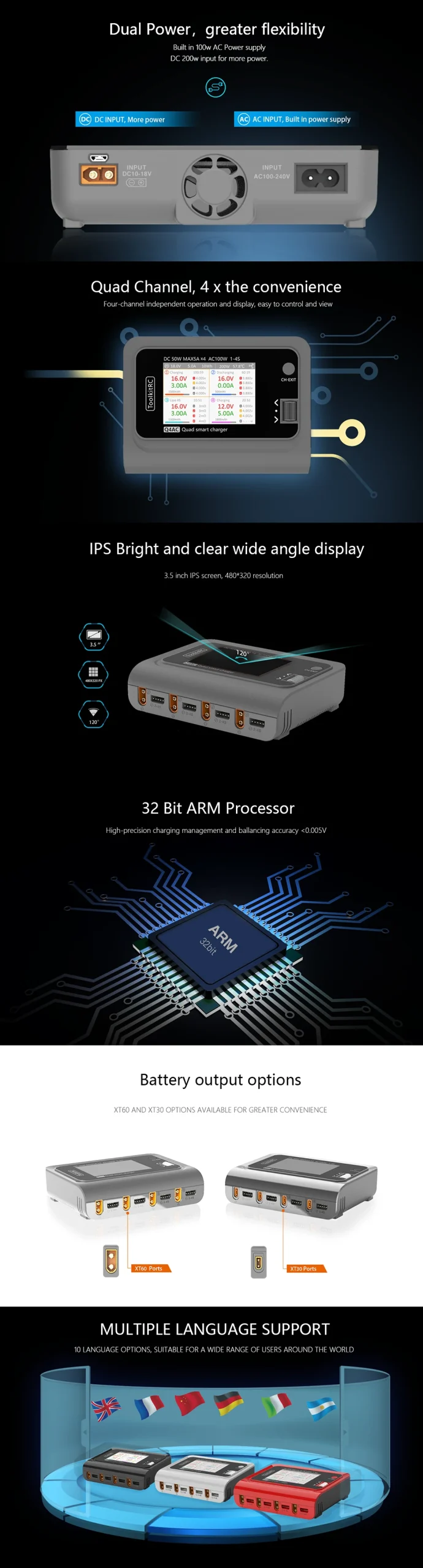 ToolkitRC Q4AC 4x50W 5A AC 100W 4 Ports DC Smart Charger Discharger XT60 for 1-4S Lipo Battery