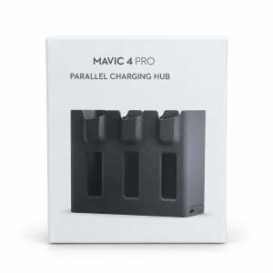 Mavic 4 Pro Parallel Charging Hub retail box showing a dark grey three-slot battery charging hub.