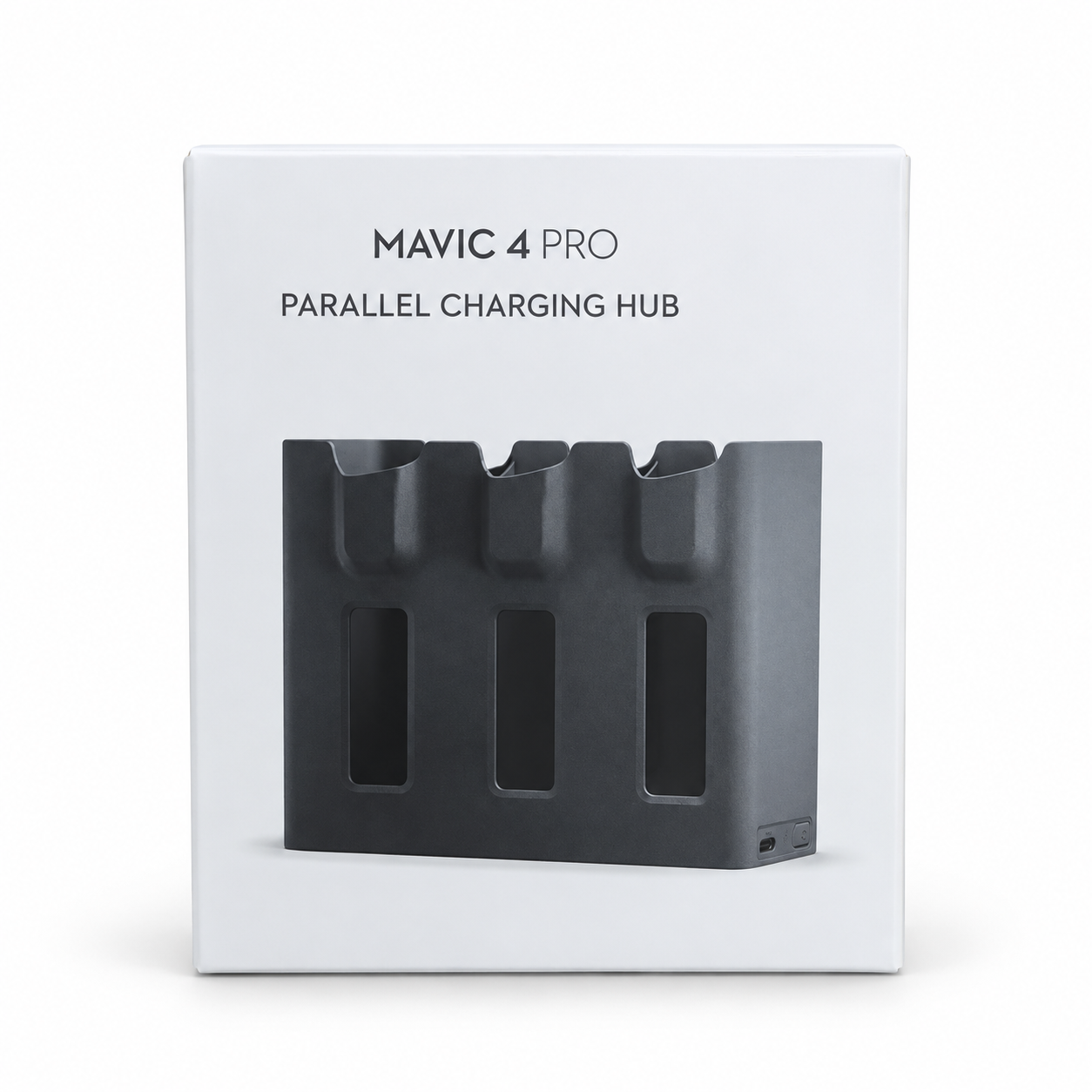 Mavic 4 Pro Parallel Charging Hub retail box showing a dark grey three-slot battery charging hub.