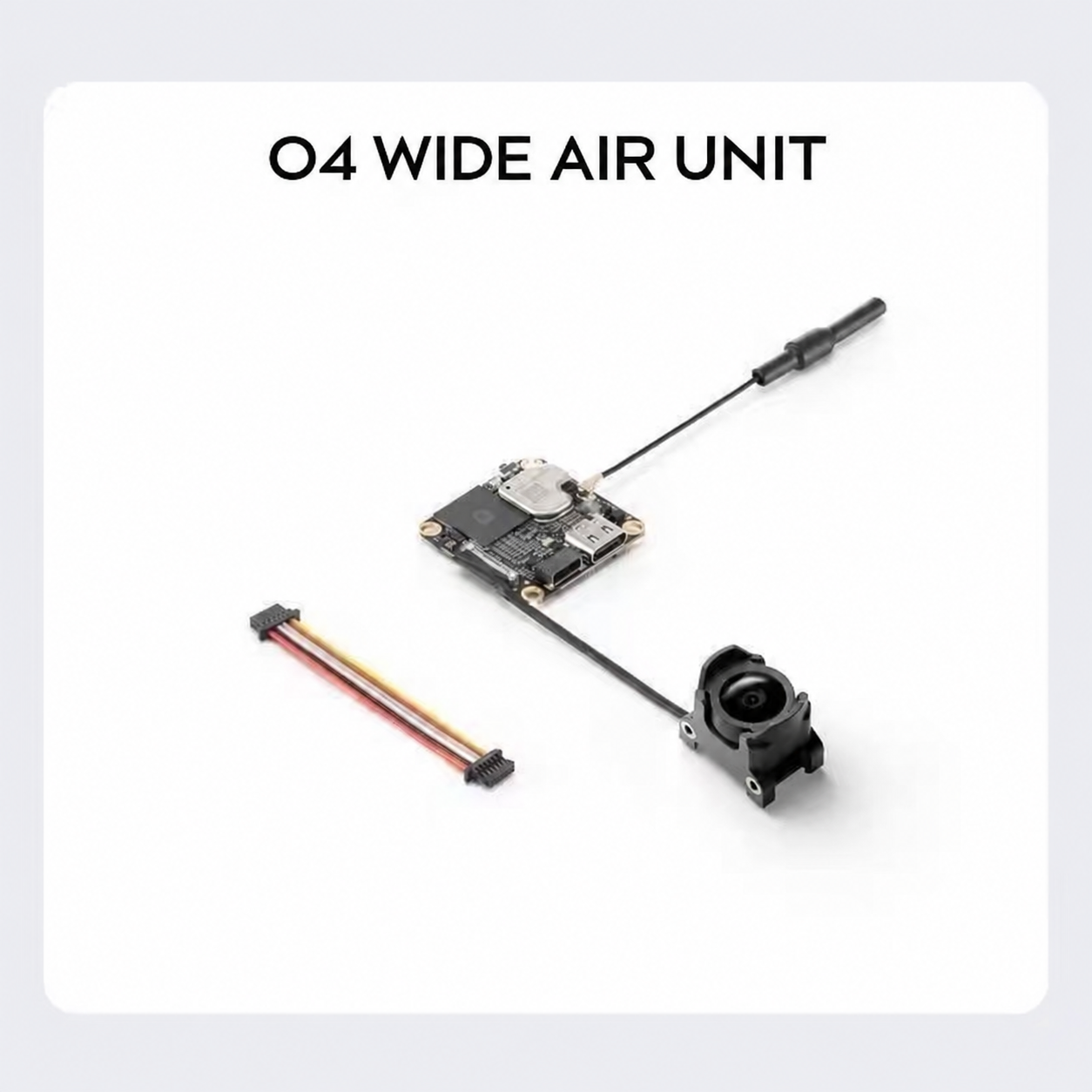 O4 Wide Air Unit digital FPV module with camera, antenna and wiring harness.